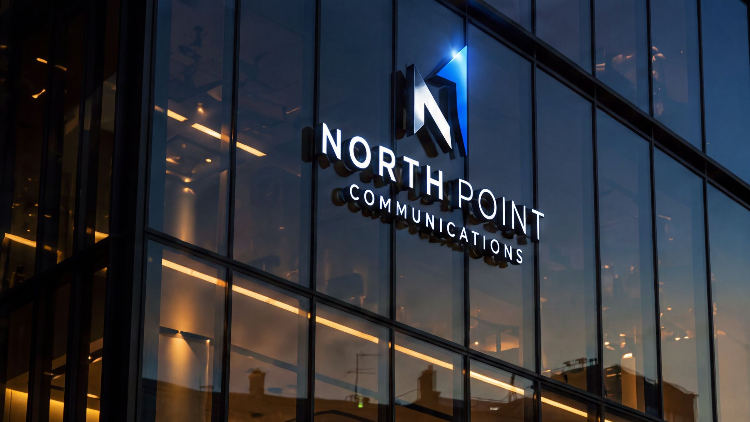 North Point Communications signage on a glass facade at dusk