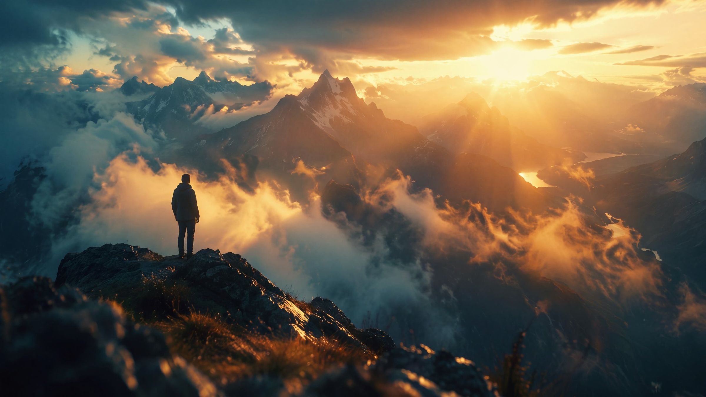A lone figure on a ridge above a sea of cloud at sunrise